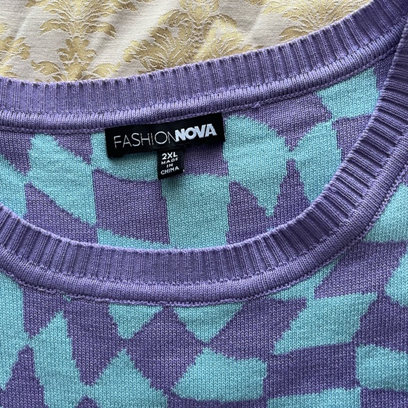 2XL Fashion Nova Blue and Purple Checker Stretchy Knit Bodycon Knee Length Dress - Picture 2 of 5